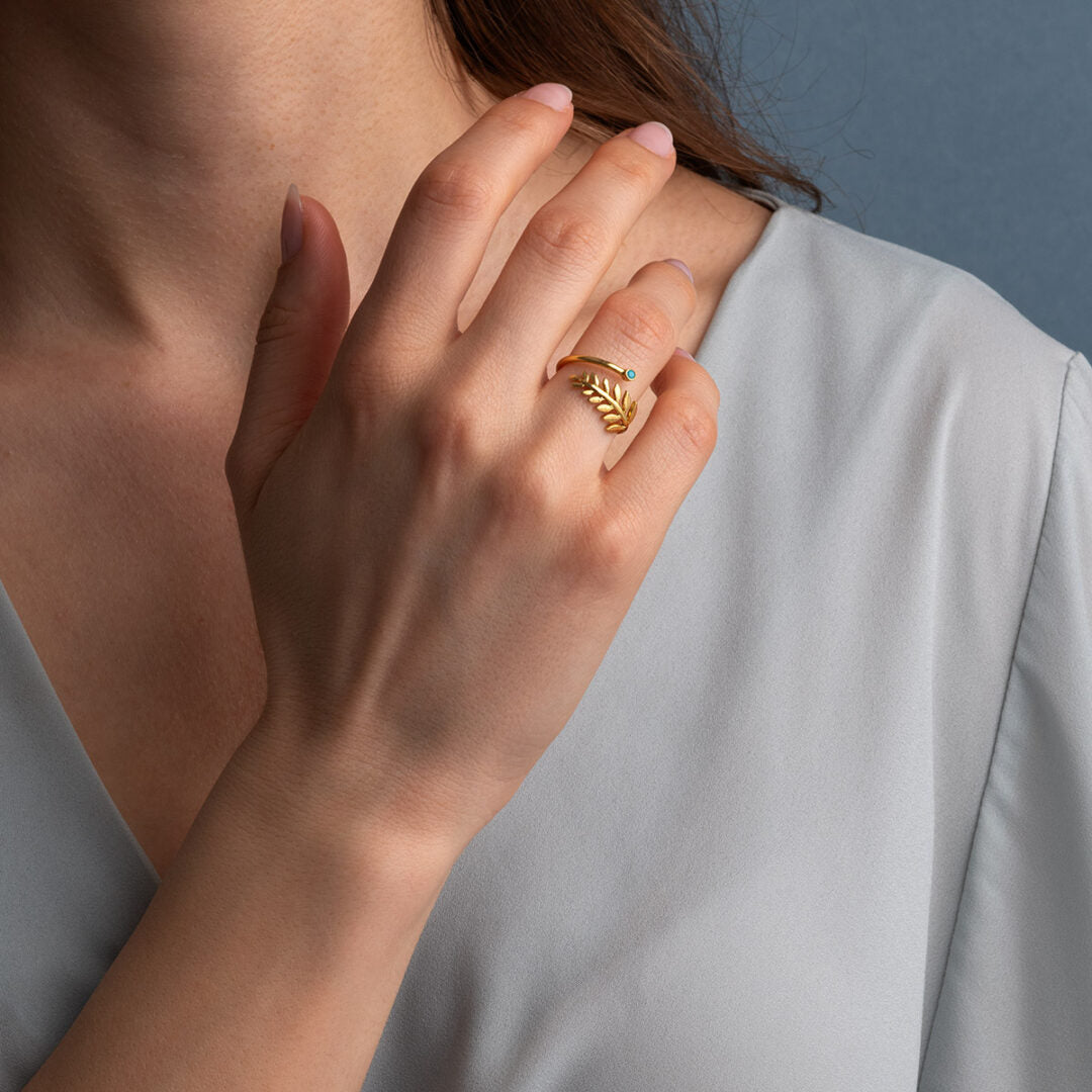 Sterling Silver Gold Plated Adjustable Ring with Fern