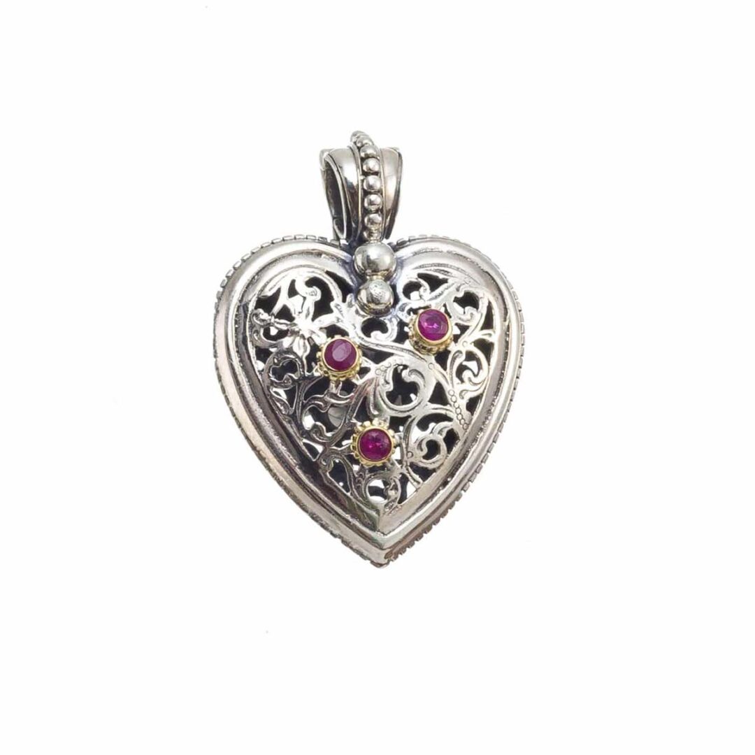 Gerochristo - Garden Shadows Heart pendant in 18K Gold and Sterling Silver with rubies