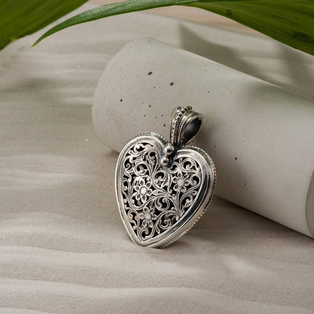 Gerochristo - Garden Shadows Big Heart Pendant in Sterling Silver
