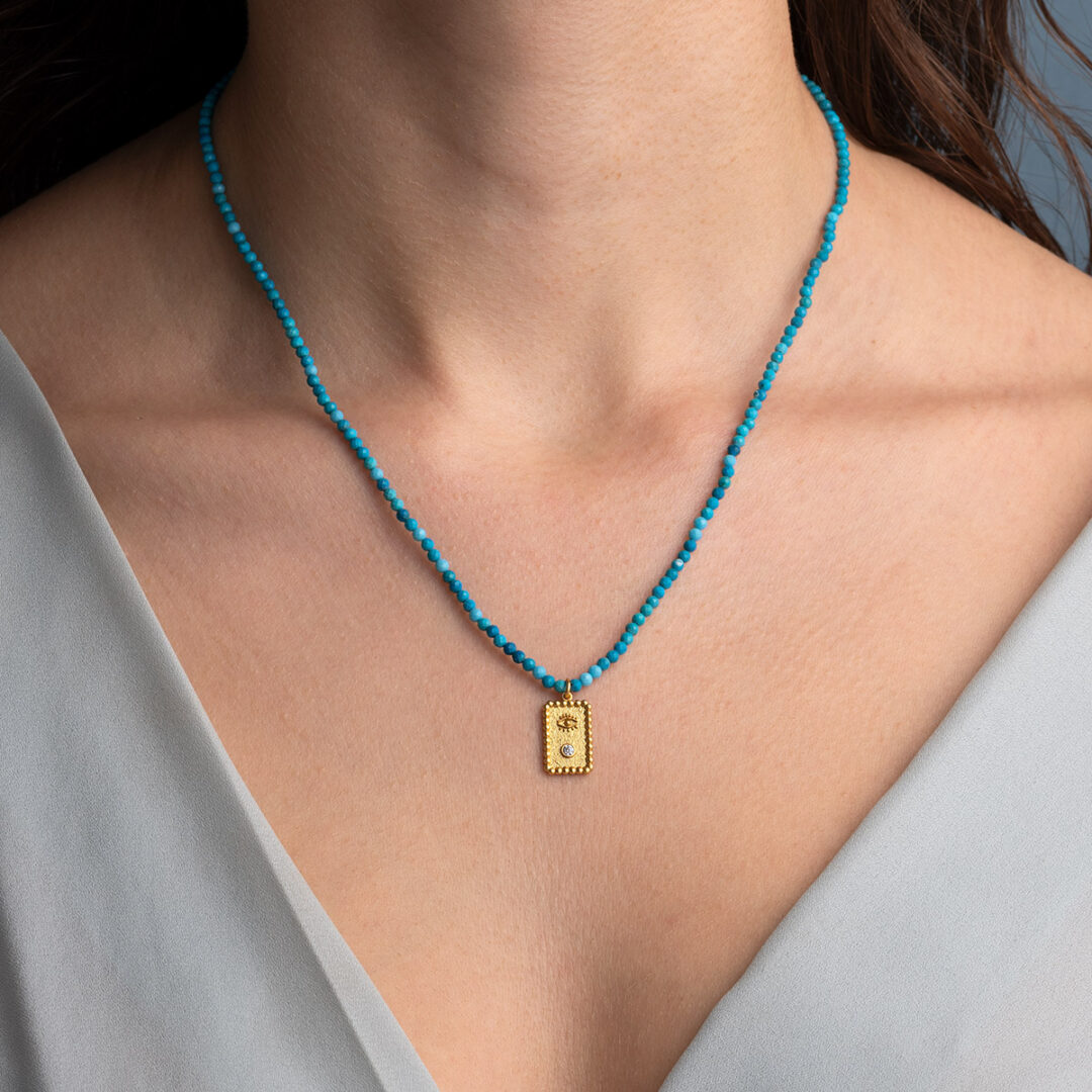 Semi Precious Stone String Necklace with Evil Eye