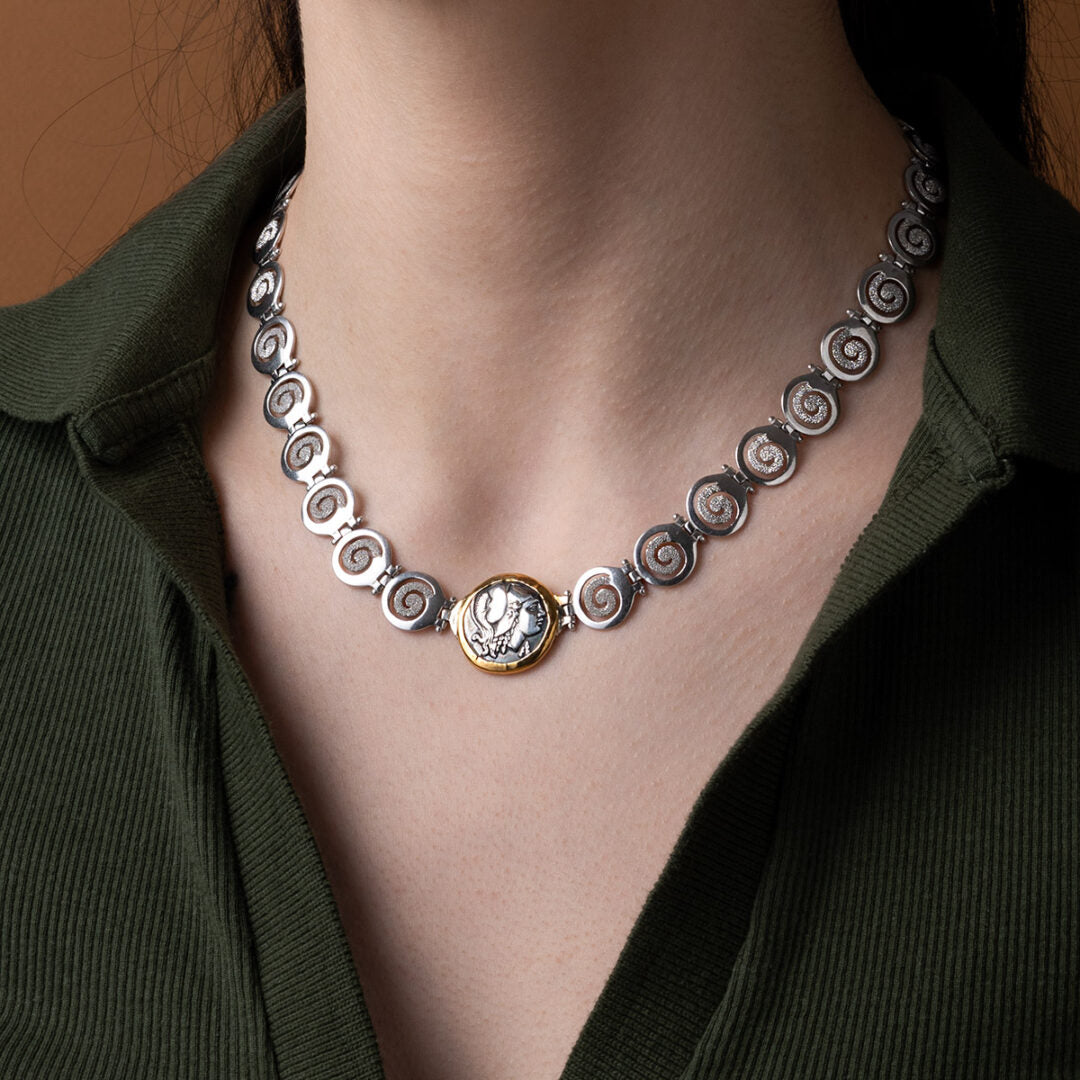 Athena Greek Coin Spiral Necklace - Sterling Silver and Gold