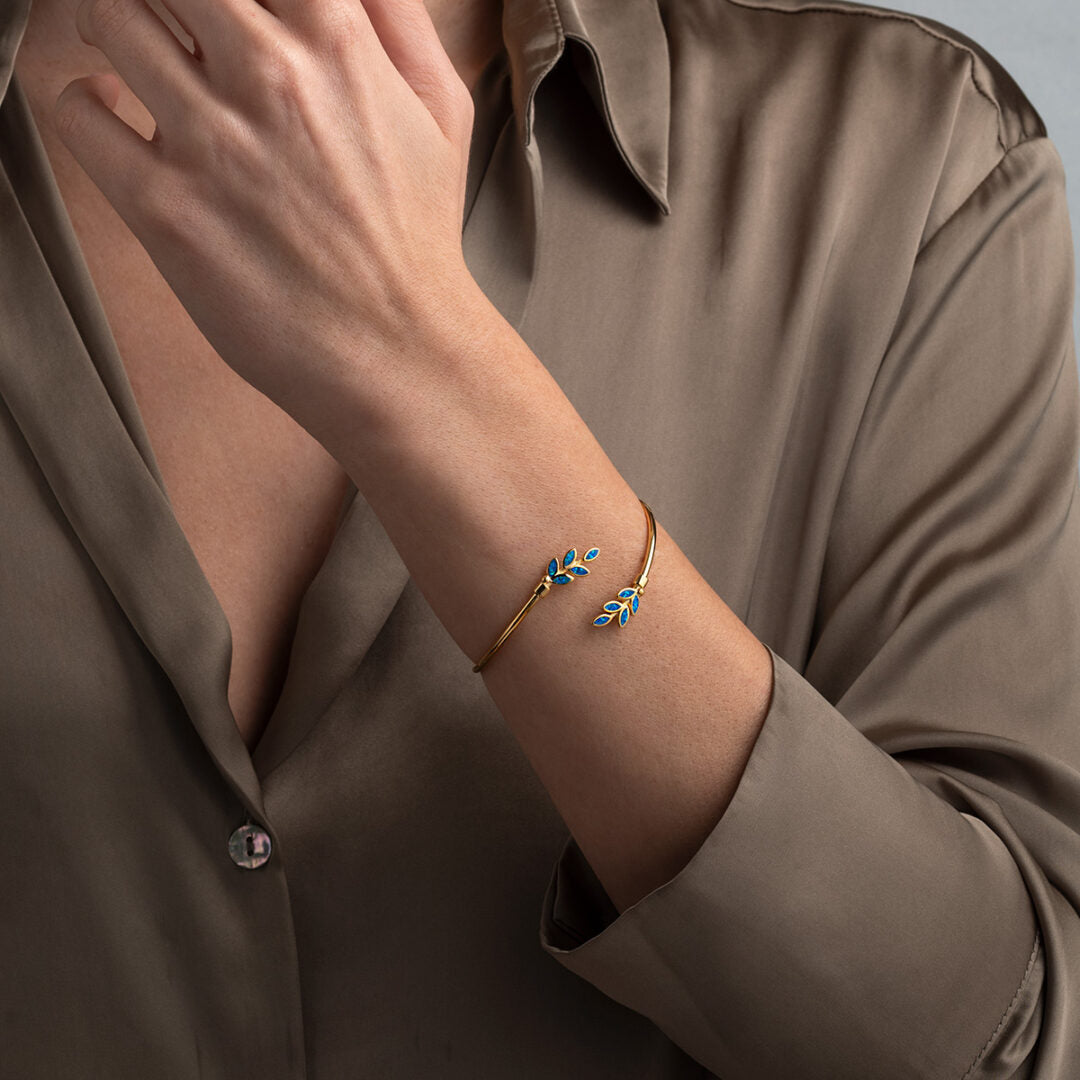 Olive Leaf Opal bangle Bracelet - 925 Sterling Silver and Gold Plated — Blue