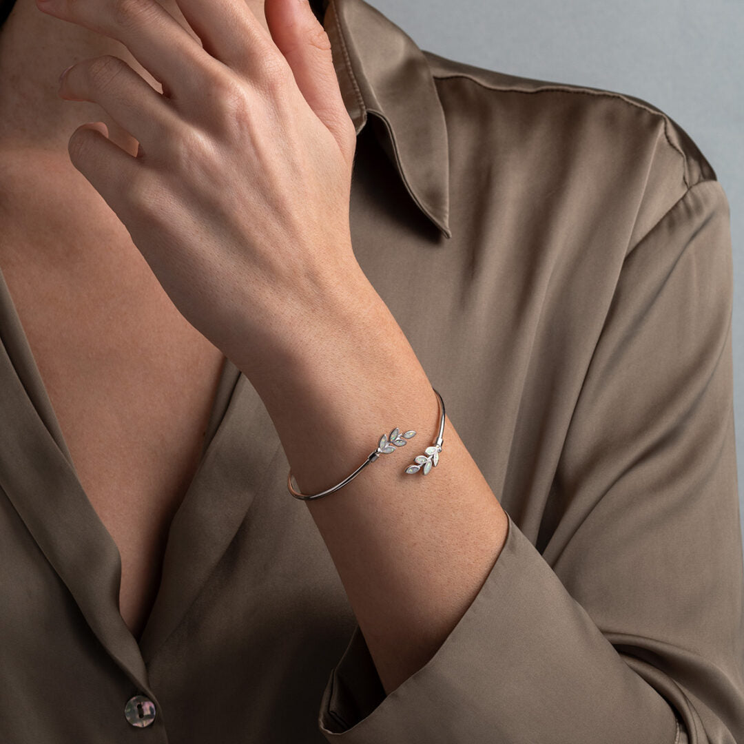 Olive Leaf Opal bangle Bracelet - 925 Sterling Silver and Gold Plated — White