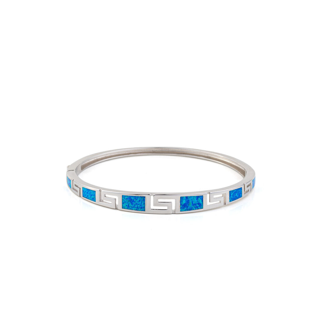Greek Key Opal Bangle Bracelet - 925 Sterling Silver