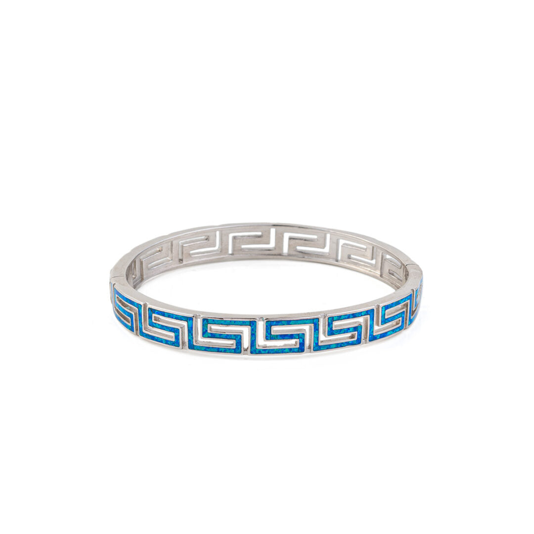 Greca Bangle Bracelet with Blue Opal stone - 925 Sterling Silver