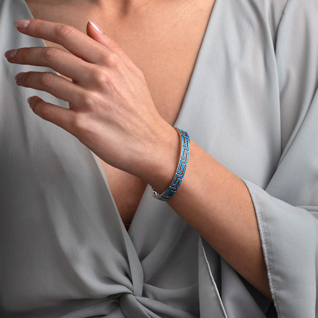 Greca Bangle Bracelet with Blue Opal stone - 925 Sterling Silver