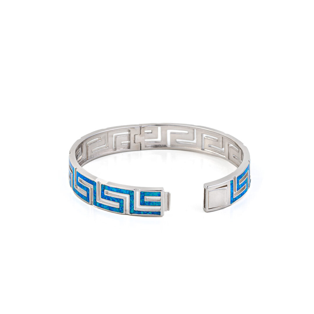 Greca Bangle Bracelet with Blue Opal stone - 925 Sterling Silver