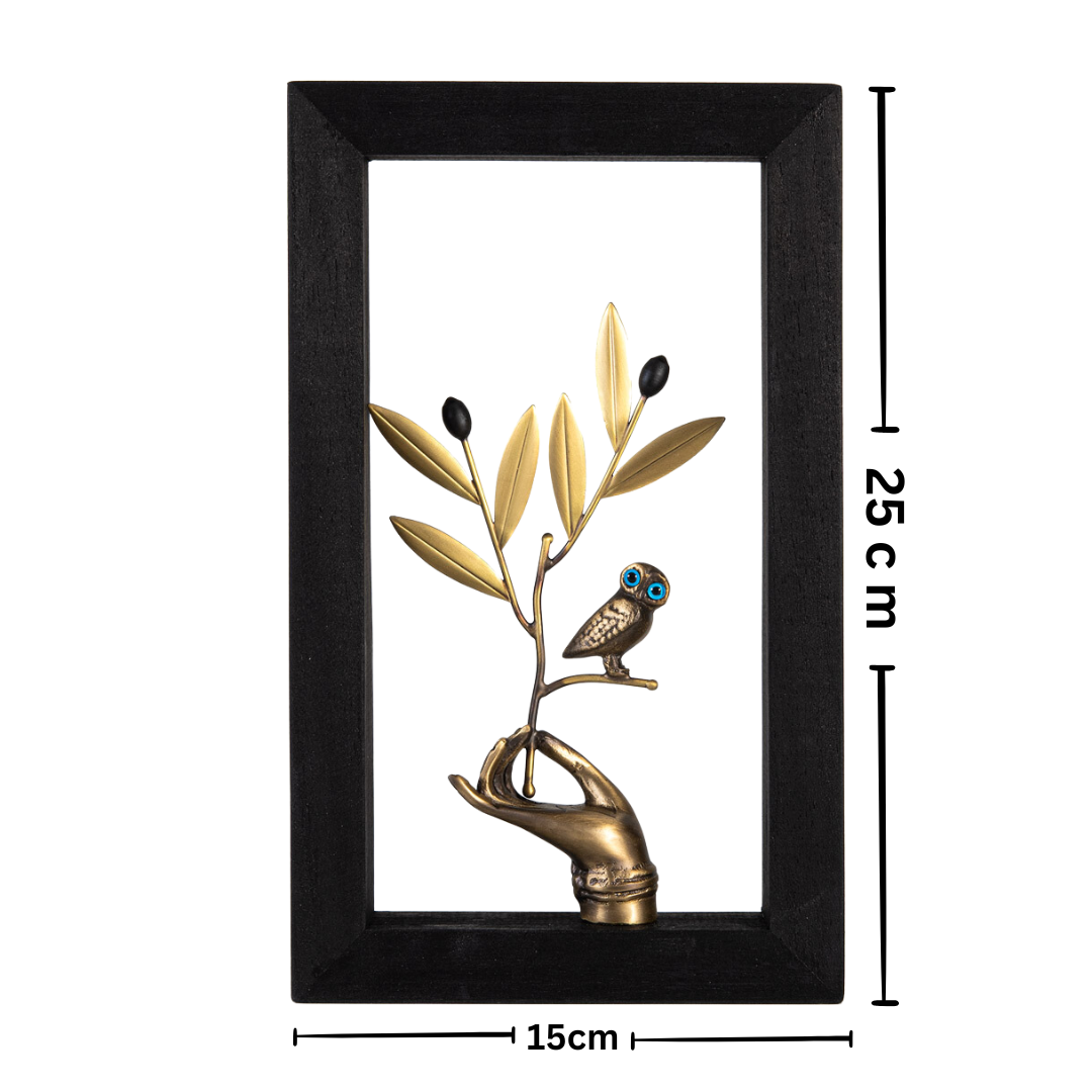 Bronze Hand Holding Olive Branch Owl - Wood Framed