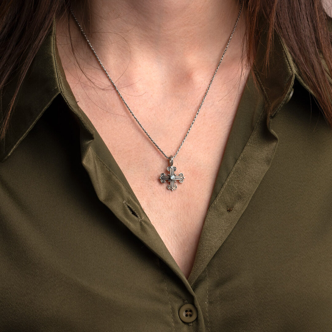 Gerochristo - Byzantine Cross Pendant in Sterling Silver with Blue Crystal