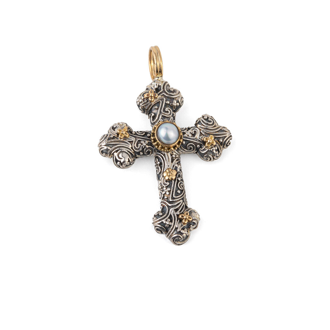 Byzantine Cross with Pearl - Sterling Silver and 18K Gold