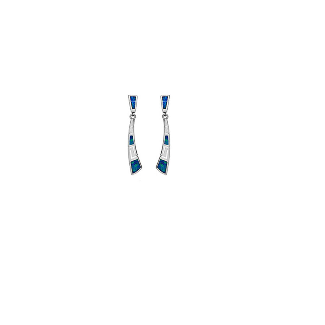 Greek Key Curvy Blue Opal Dangle Earrings