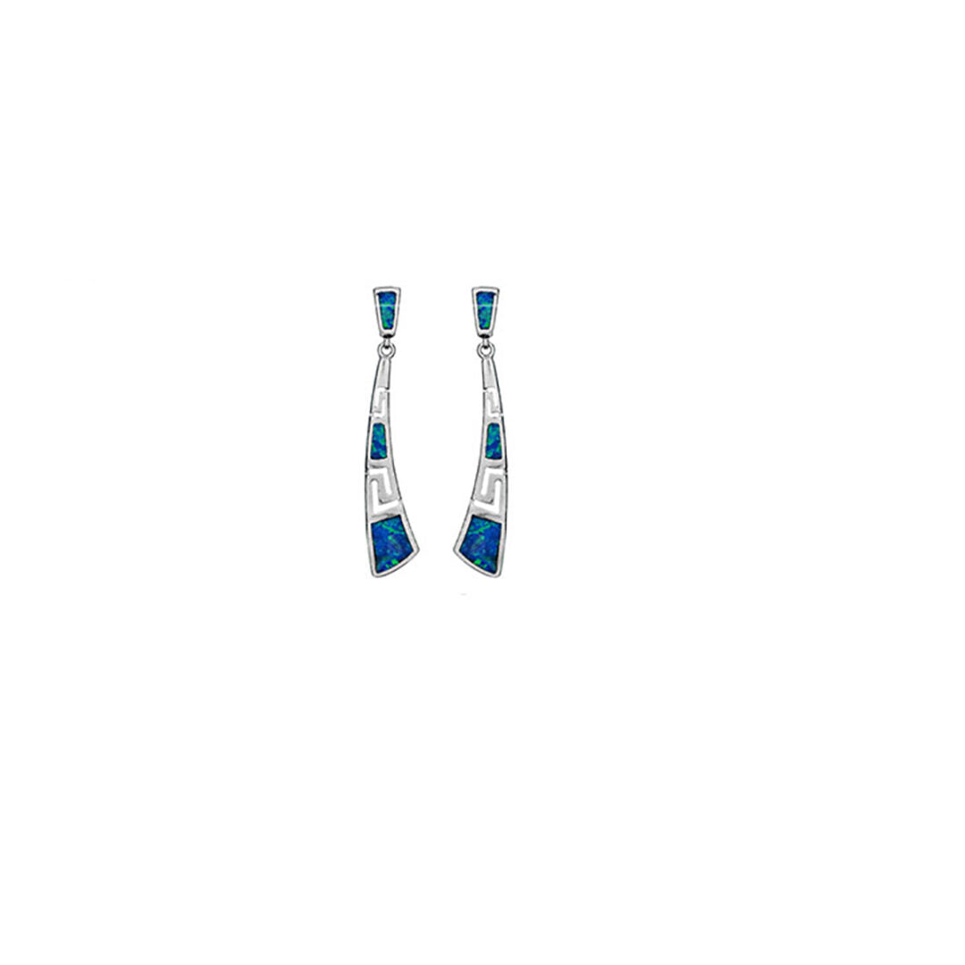Greek Key Curvy Blue Opal Dangle Earrings