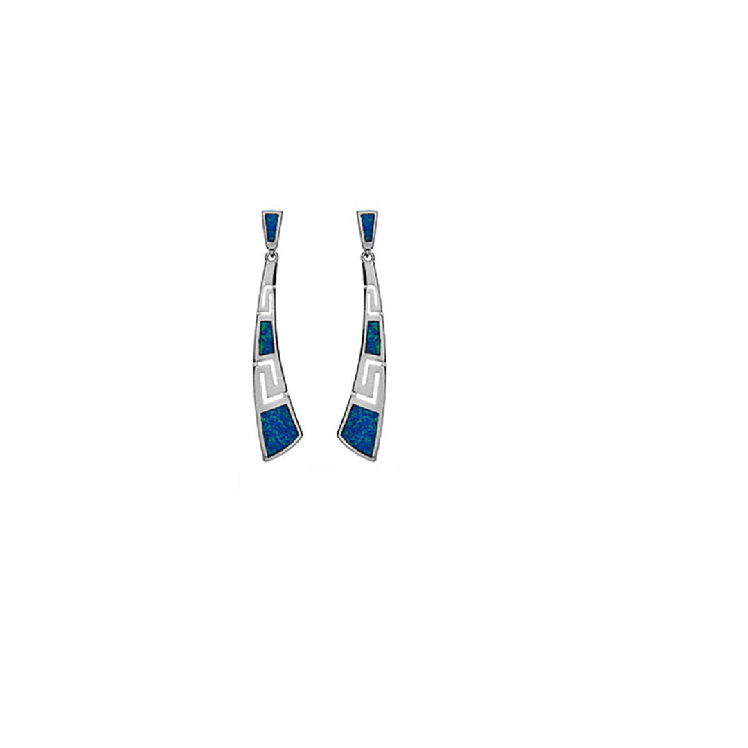 Greek Key Curvy Blue Opal Dangle Earrings