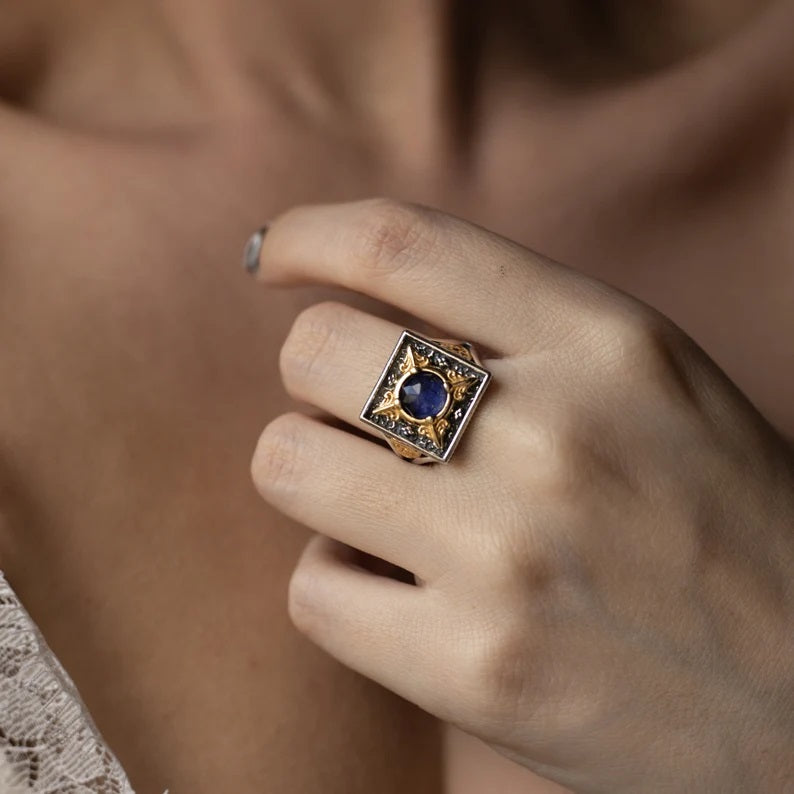 Byzantine Ring with Doublet Lapis Stone - 925 Sterling Silver Gold Plated