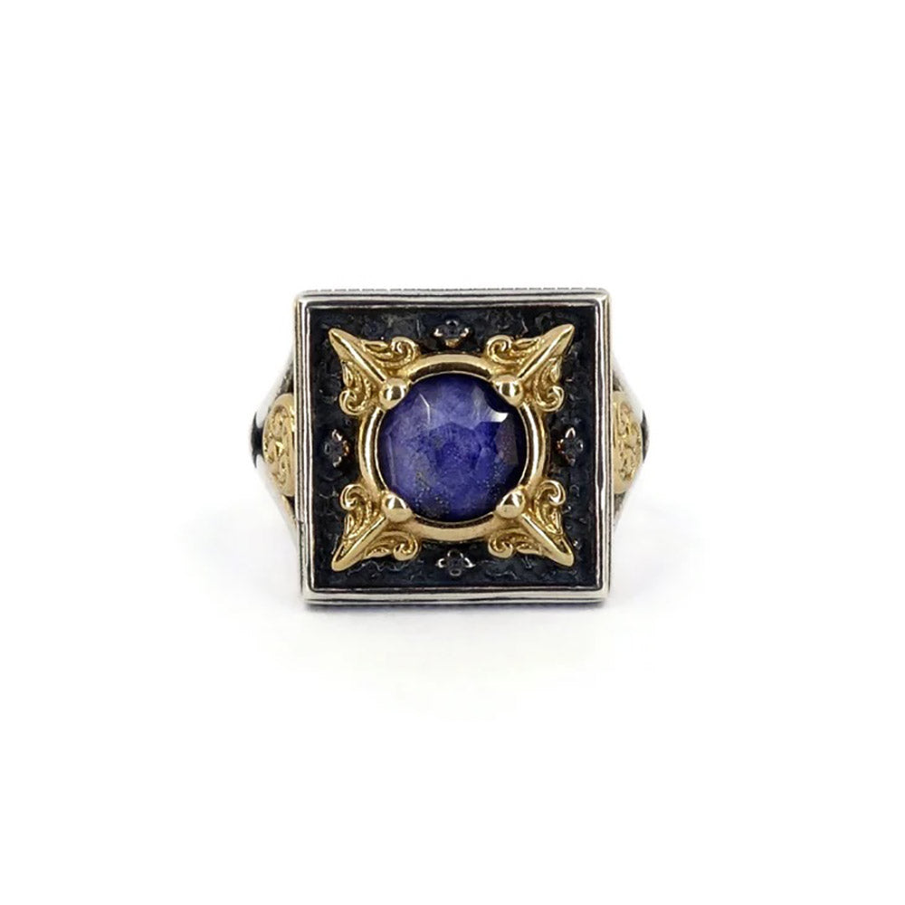 Byzantine Ring with Doublet Lapis Stone - 925 Sterling Silver Gold Plated