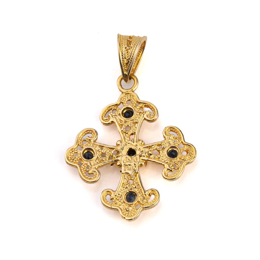 18K Solid Gold Filigree Cross Pendant with Gemstones