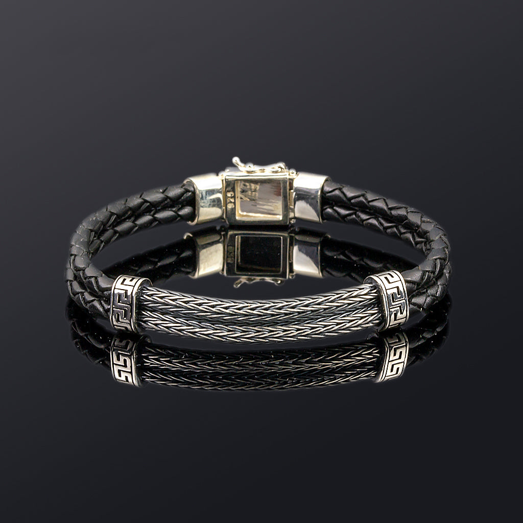 Greek Key Leather Bracelet — Black