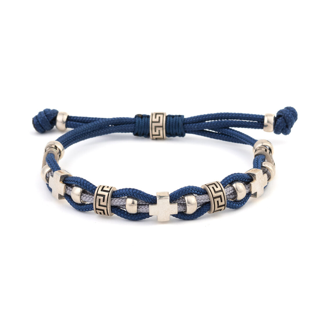 Blue Cord Bracelet with Crosses & Greek Keys Motifs