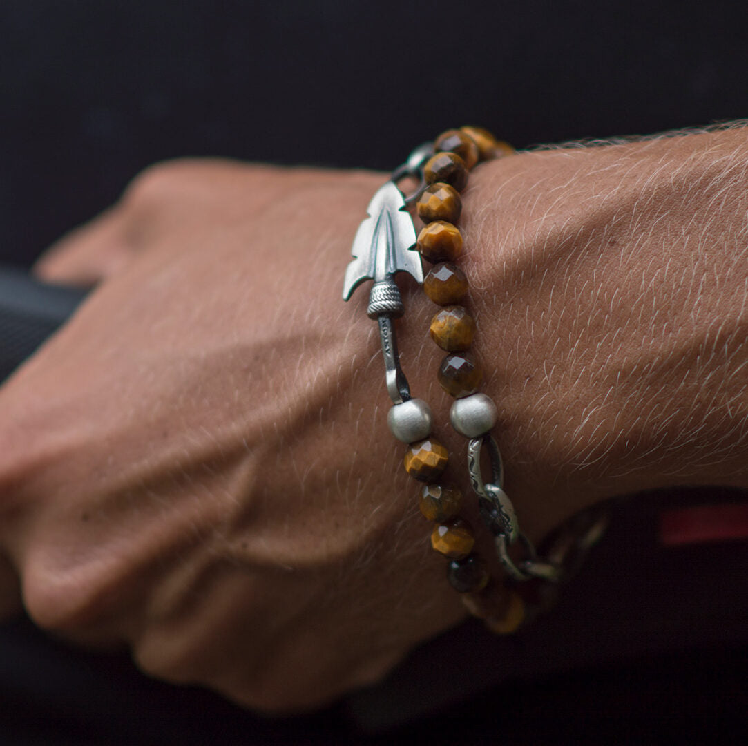 Arrow link Bracelet with tiger eye beads - Sterling Silver