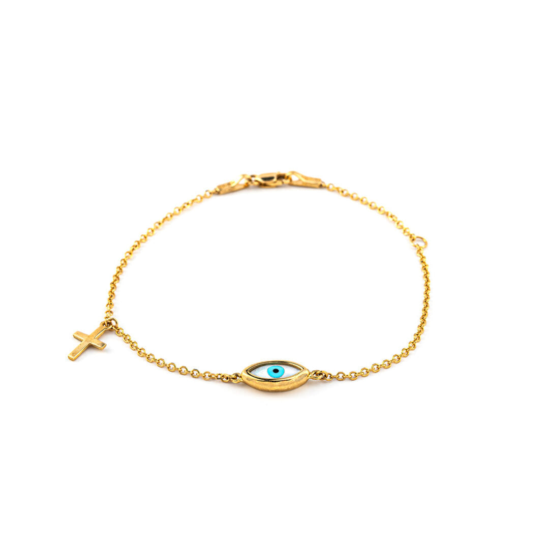 Evil eye Bracelet with Cross - 9K Yellow Gold