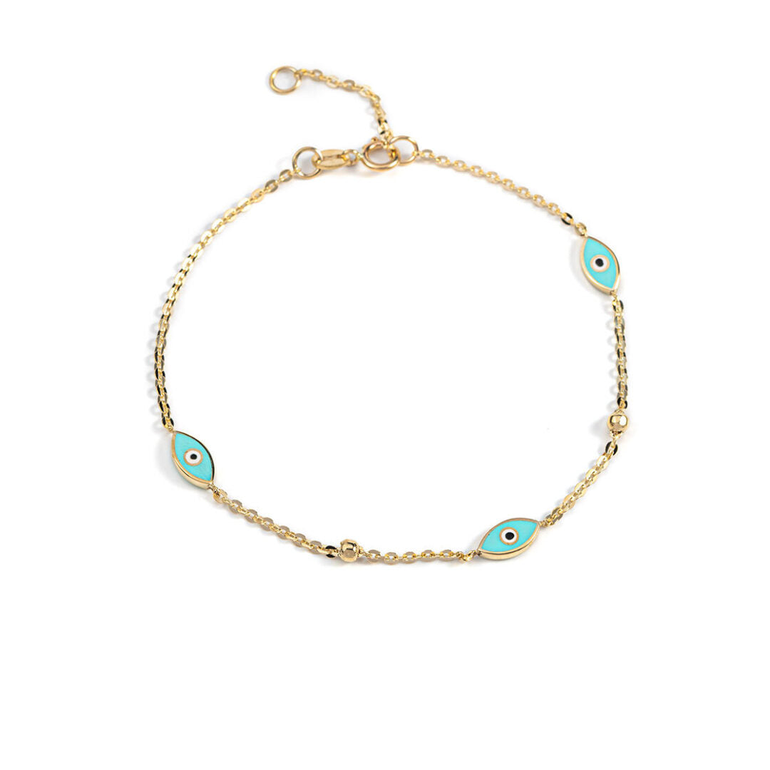 Evil Eyes Chain Bracelet - 14K Yellow Gold and Turquoise Enamel