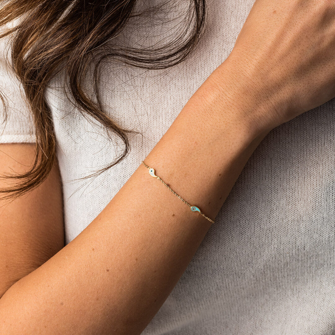 Evil Eyes Chain Bracelet - 14K Gold and Turquoise White Enamel