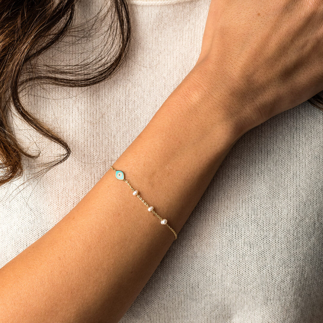 Evil Eye Chain Bracelet with Pearls - 14K Yellow Gold and Turquoise Enamel