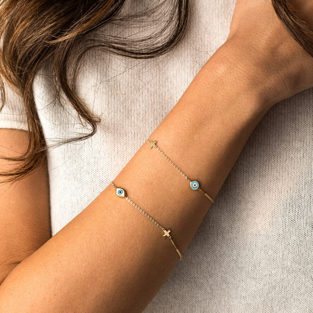 Evil Eye Chain Bracelet with Cross - 14K Yellow Gold and White Enamel