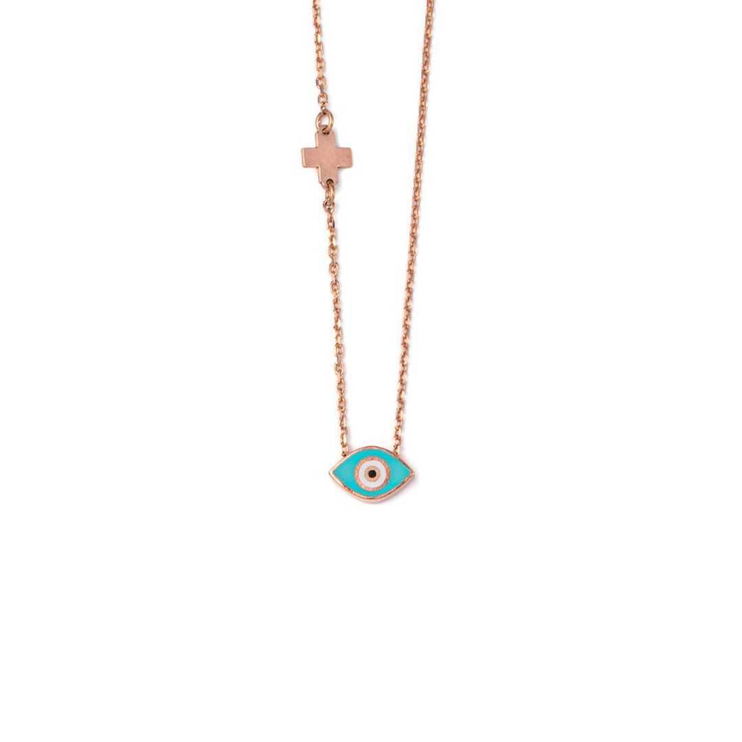 Turquoise Enamel Eye Necklace with Cross - Sterling Silver and Rose Gold Plated