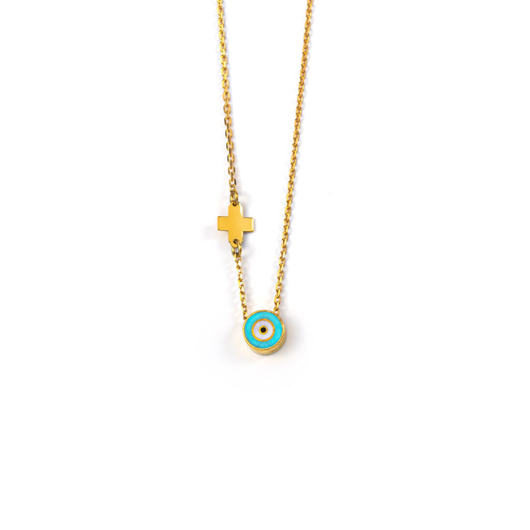 Turquoise Round Evil Eye Necklace with Cross - Sterling Silver and Gold Plated