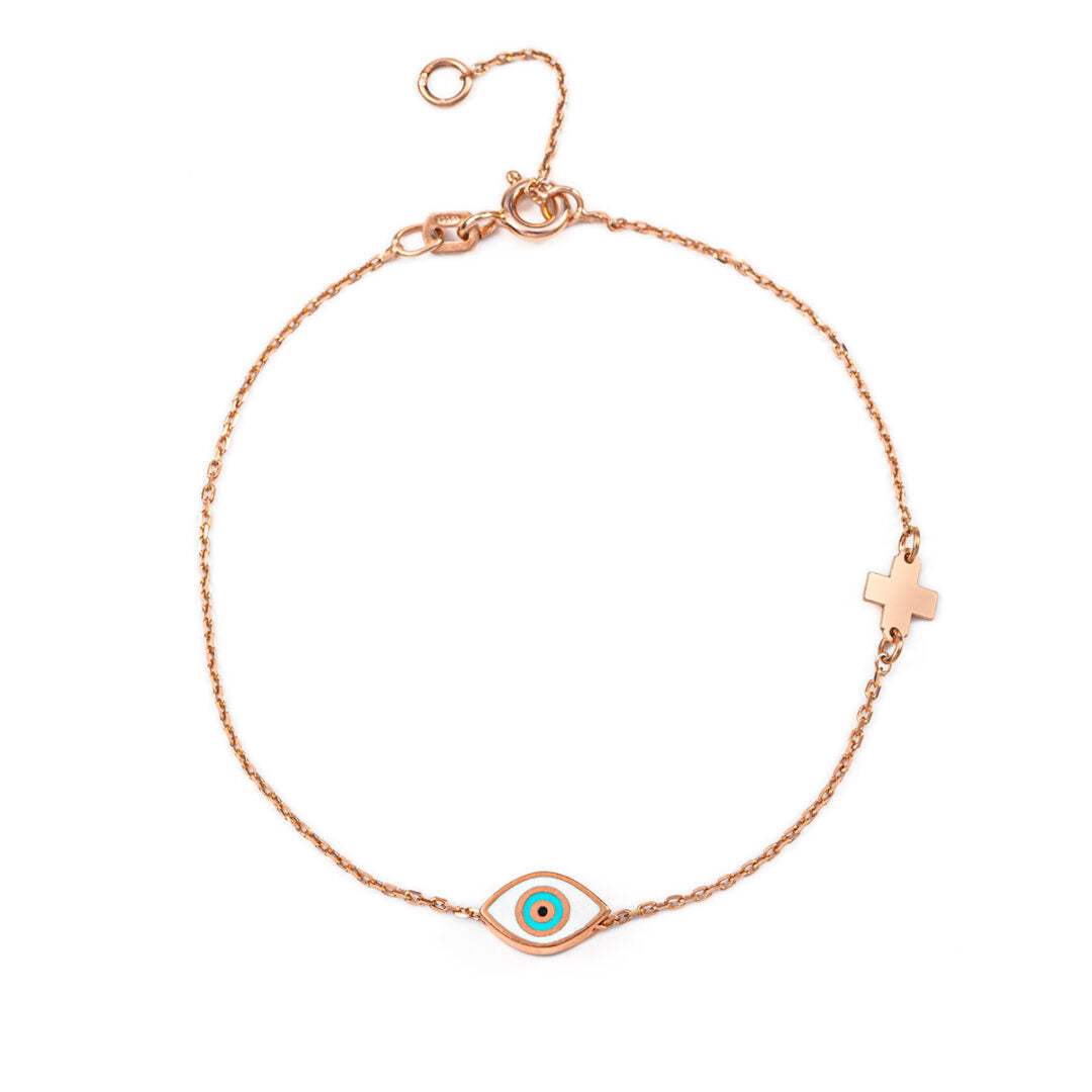 Evil Eye Bracelet with Cross - Sterling Silver and Rose Plated