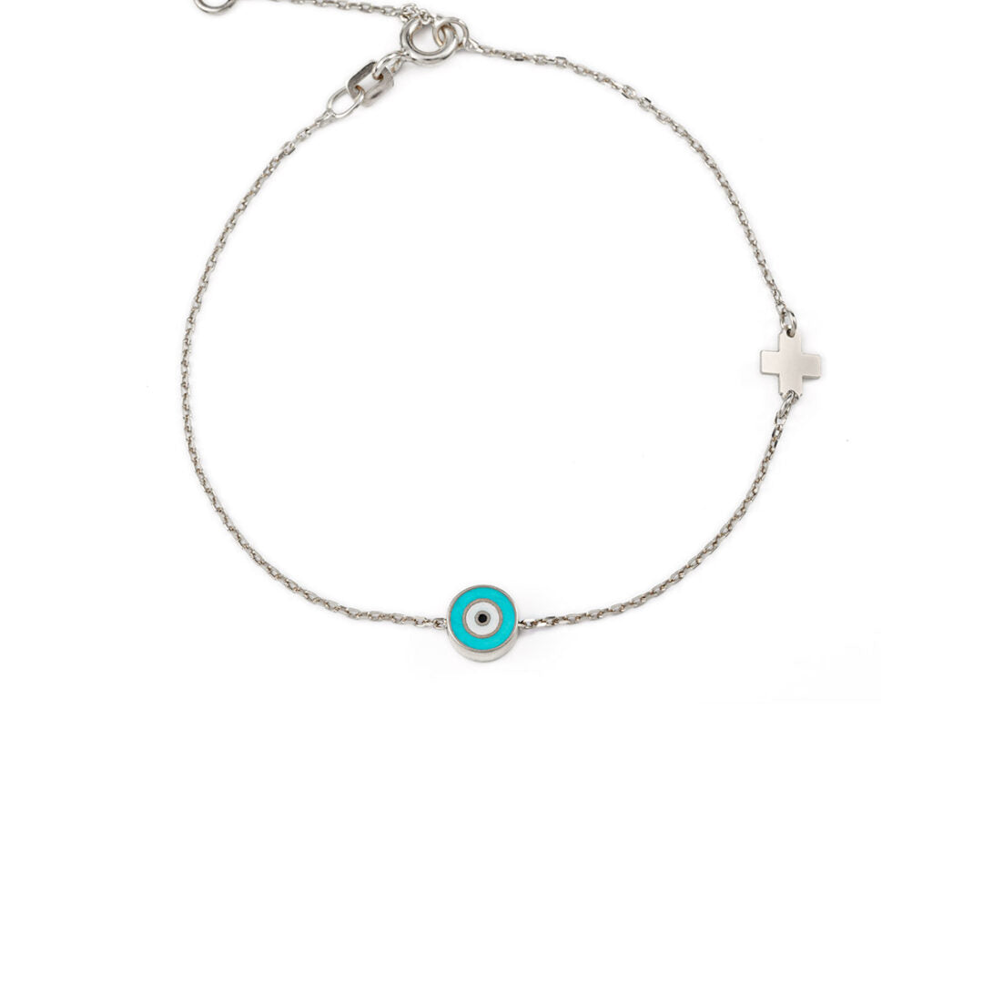Turquoise Enamel Eye Bracelet with Cross - 925 Sterling Silver