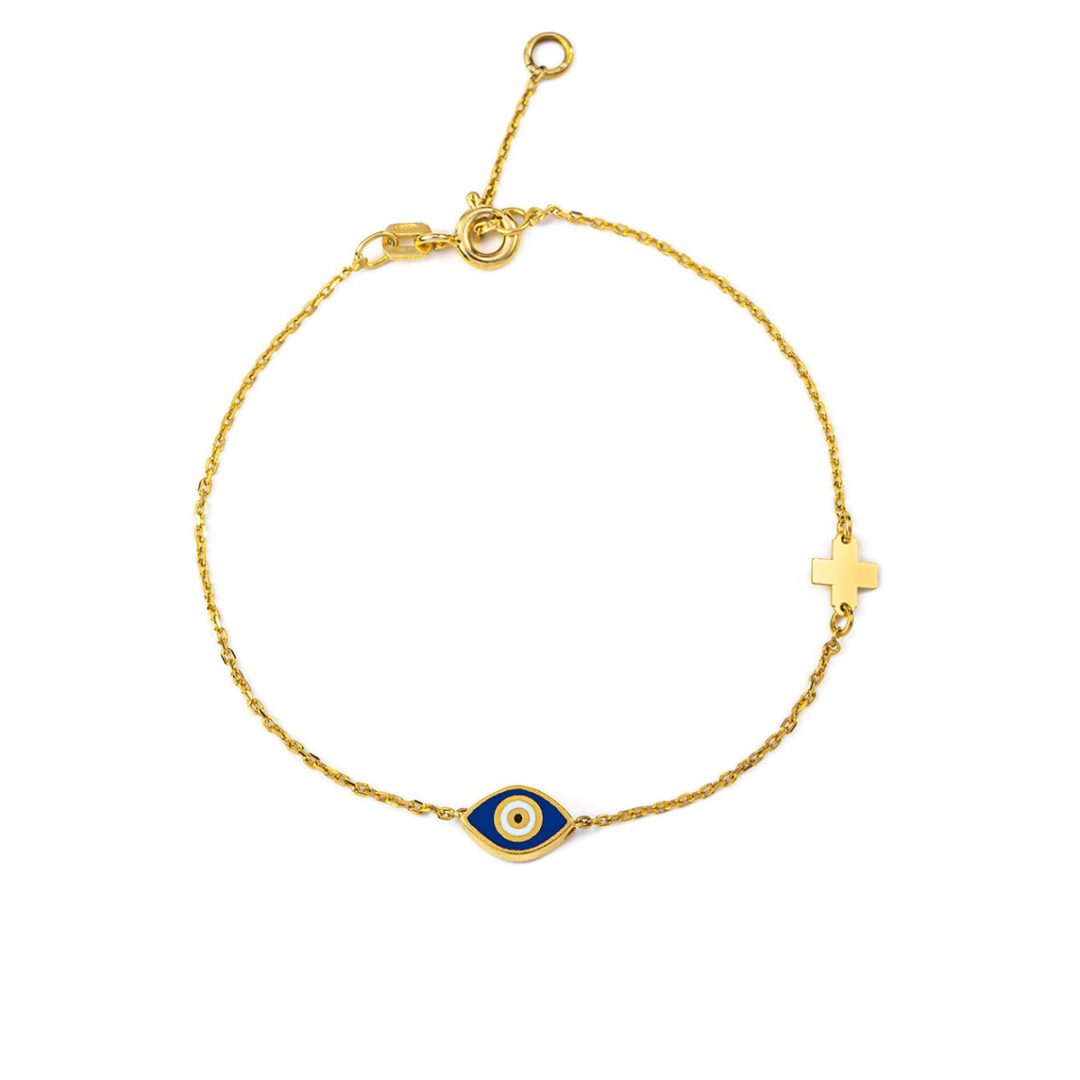 Evil Eye Blue Enamel Bracelet with Cross - Sterling Silver and Gold Plated