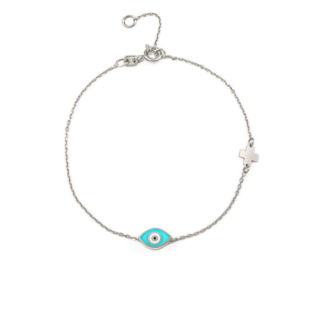 Evil Eye Turquoise Enamel Bracelet with Cross - 925 Sterling Silver