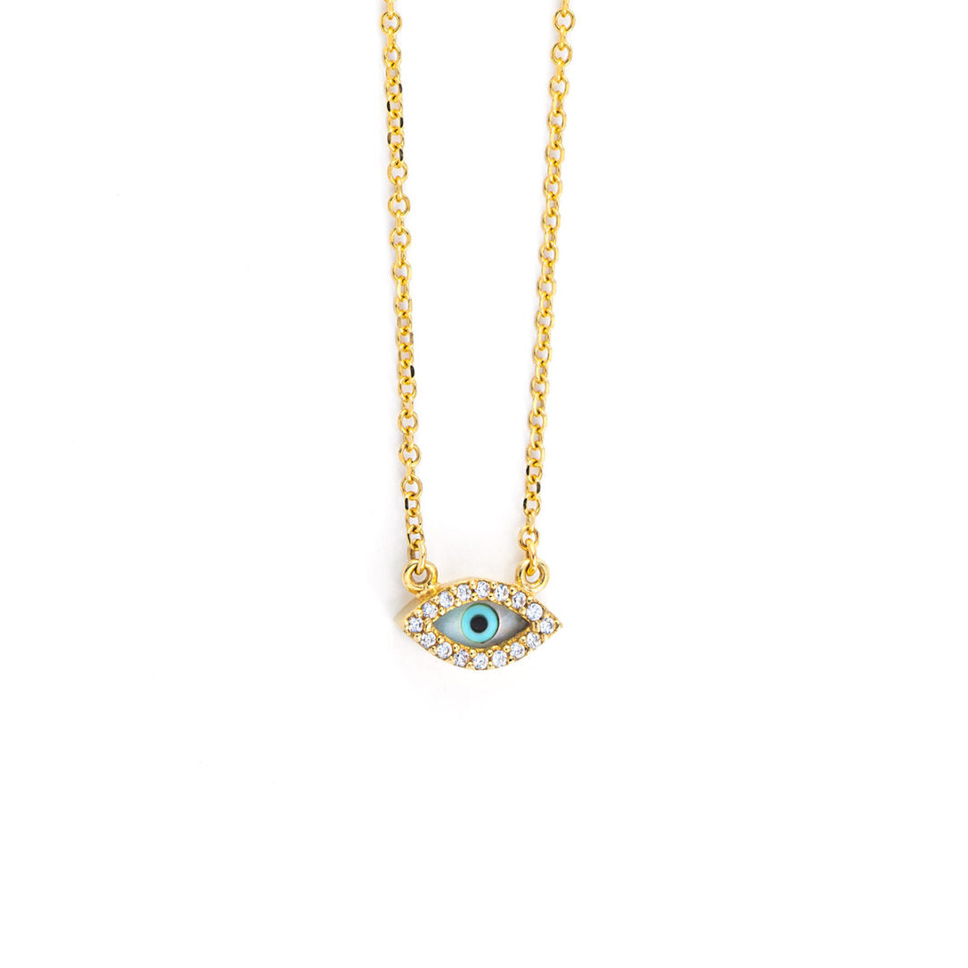 9K Yellow Gold Eye Necklace with zircons