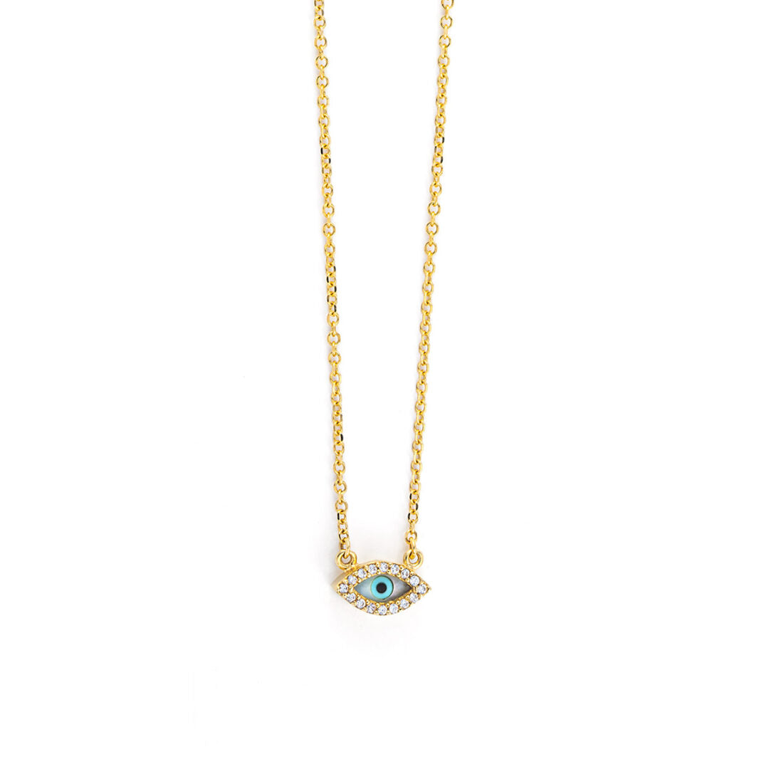 9K Yellow Gold Eye Necklace with zircons