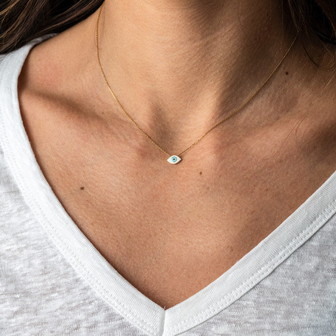 Evil Eye Necklace - 14K Gold with Turquoise Enamel — White