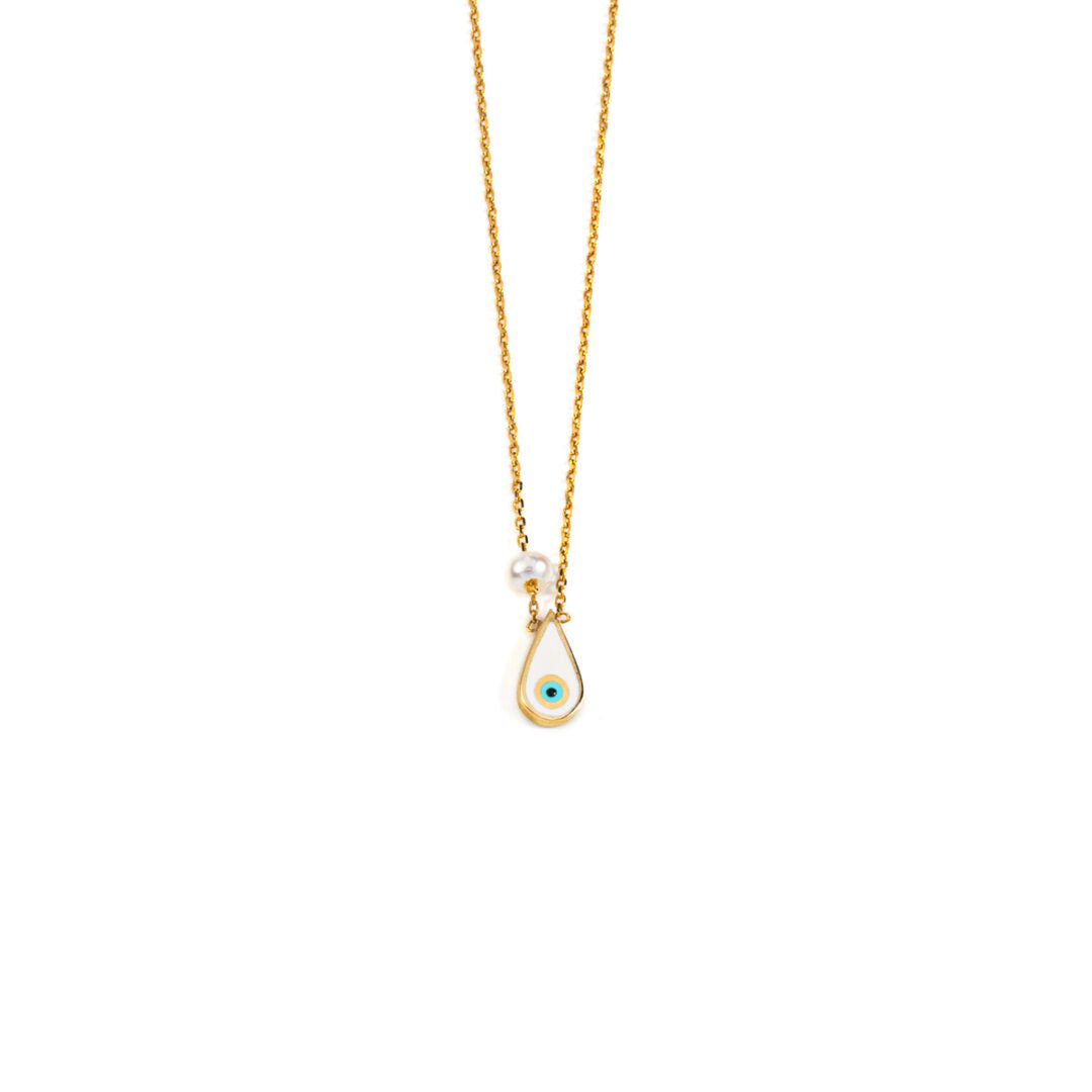 Evil Eye Tear Drop Necklace with Pearl – 14K Yellow Gold with Blue Enamel — White