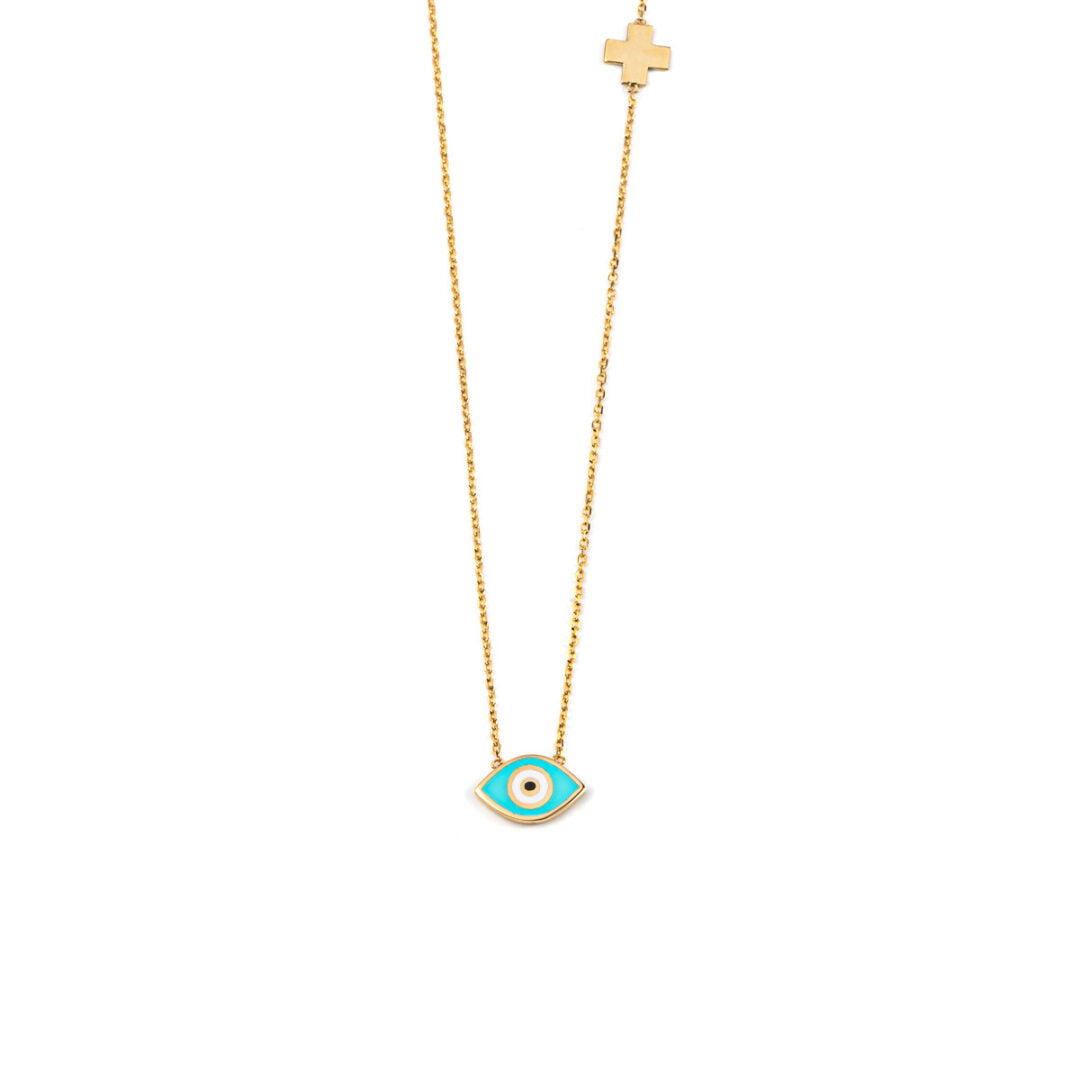 Evil Eye Necklace with Cross - 14K Yellow Gold with Enamel
