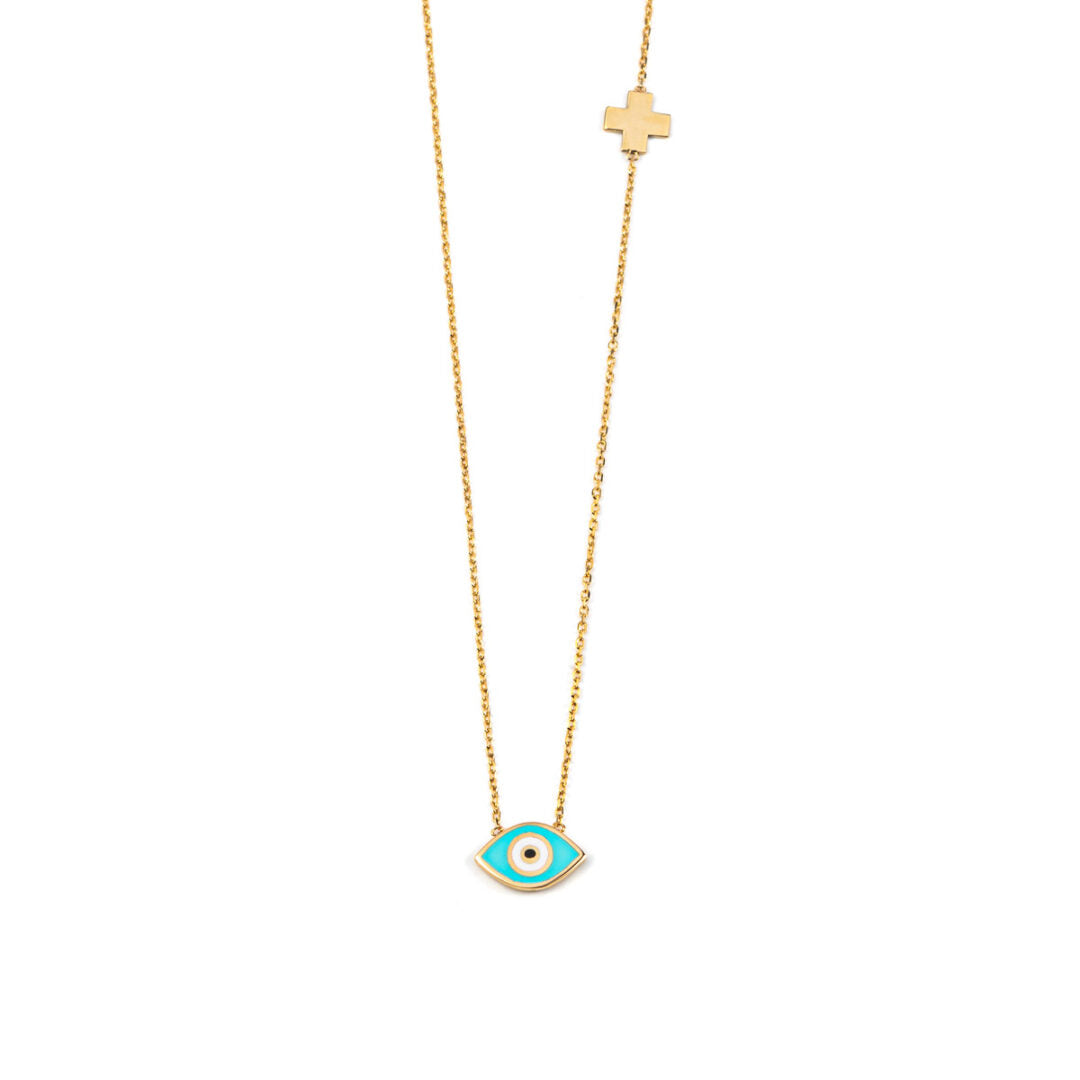 Evil Eye Necklace with Cross - 14K Yellow Gold with Enamel