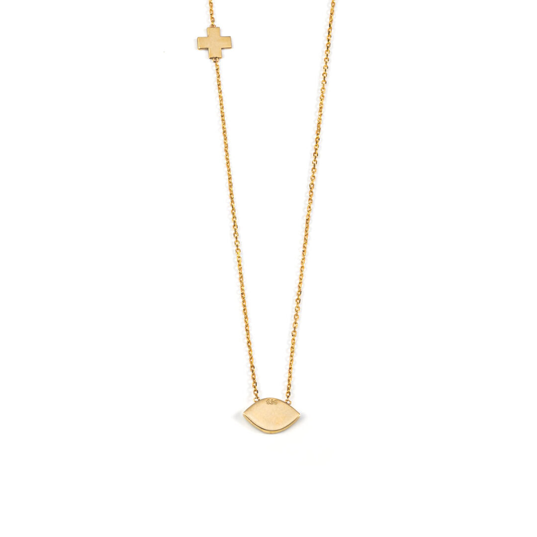 Evil Eye Necklace with Cross - 14K Yellow Gold with Enamel