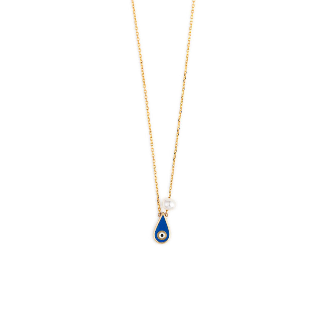 Evil Eye Tear Drop Necklace with Pearl – 14K Yellow Gold with Blue Enamel
