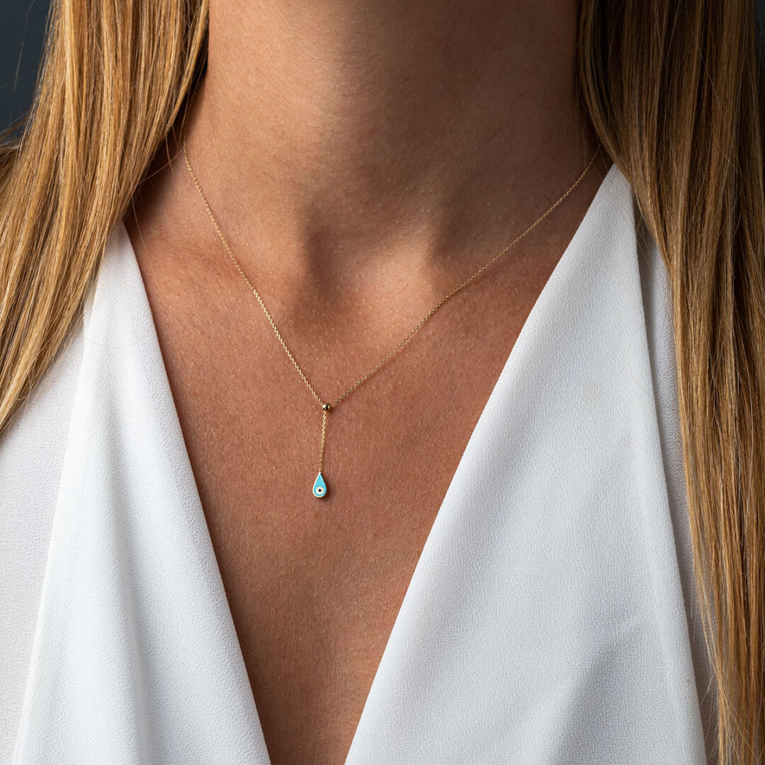 Drop Eye Necklace – 14K Yellow Gold with Enamel — Turquoise
