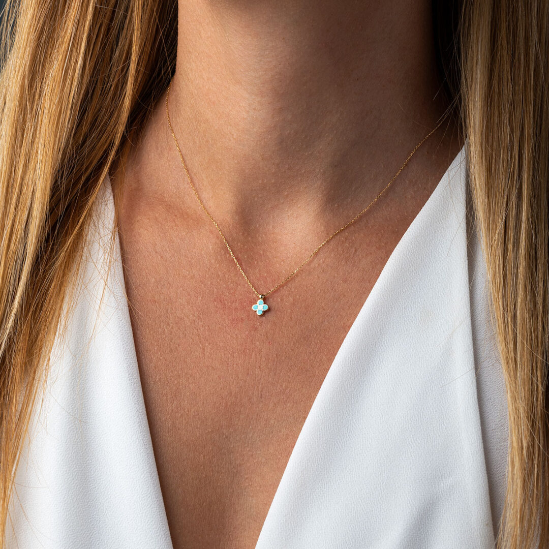 Cross Necklace with Enamel – 14K Gold — White