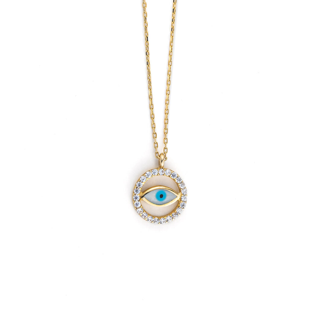14K Yellow Gold Necklace Evil Eye with zircon
