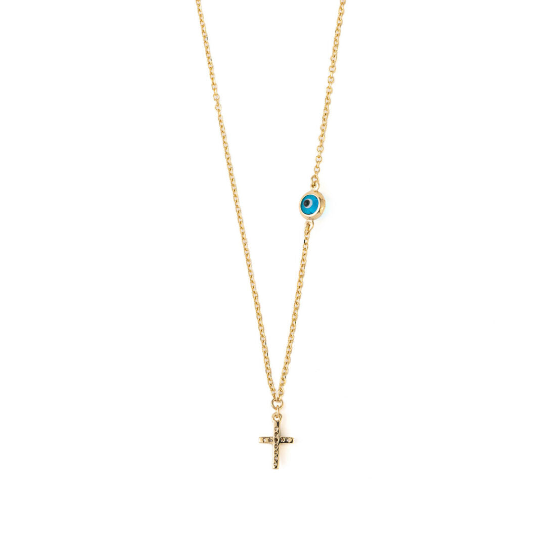 Evil Eye Necklace with Zircon Cross - 9K Gold