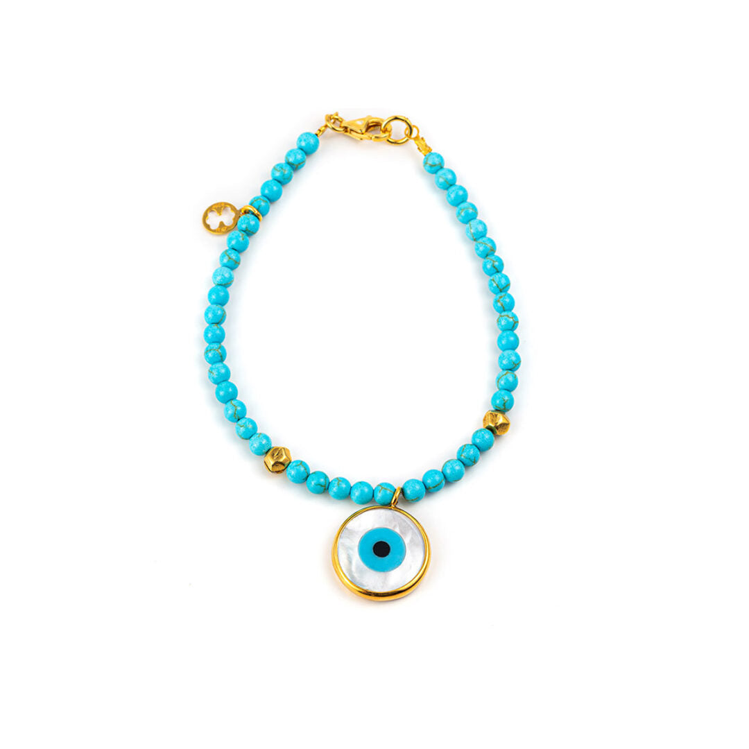 Turquoise Bracelet with Evil Eye - Silver &amp; Gold Plated