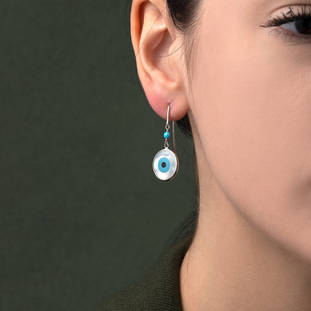 Sterling Silver Hook Earrings with Mother of Pearl Evil Eye — Turquoise