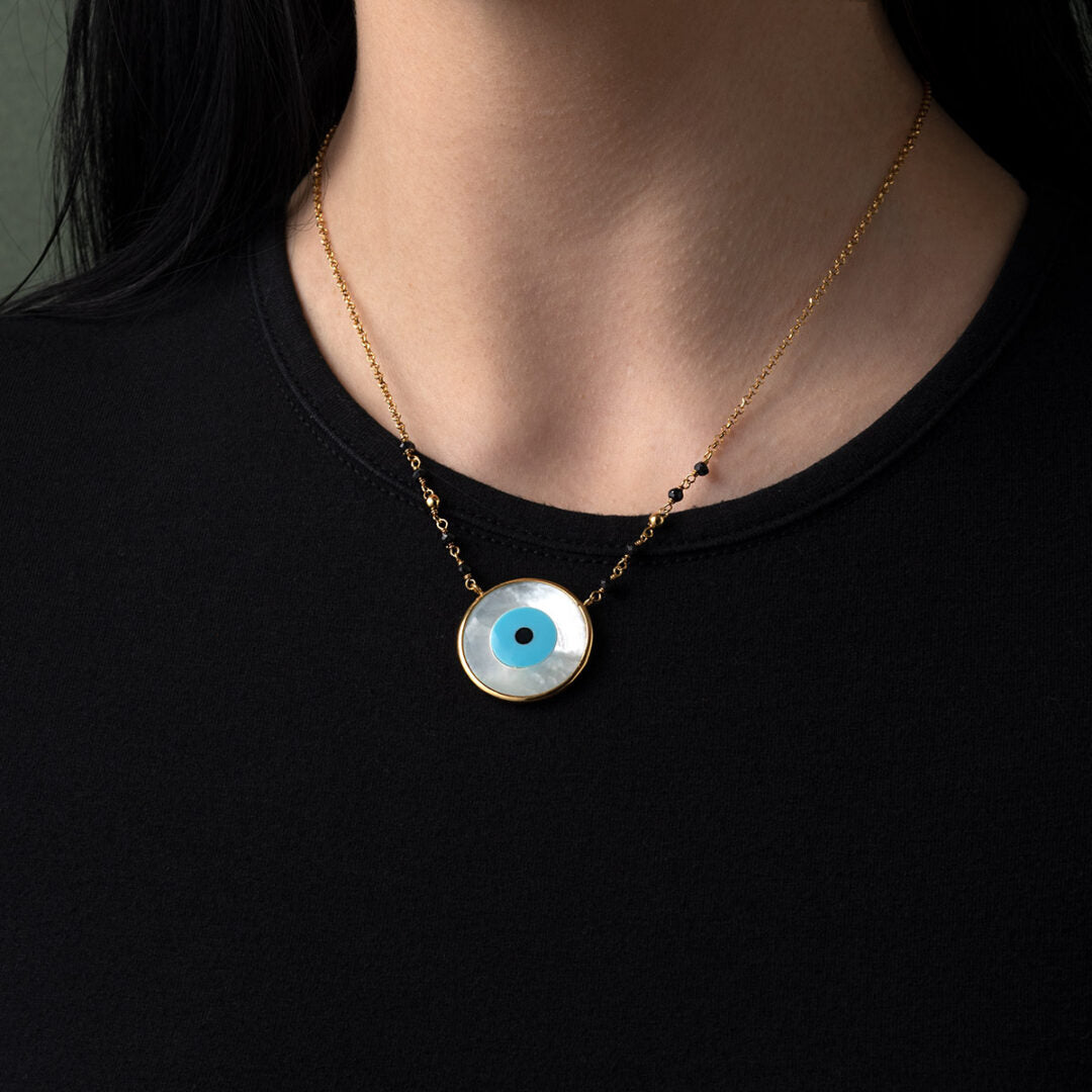 Sterling silver Chain Necklace with Beads and a Colored Eye Stone