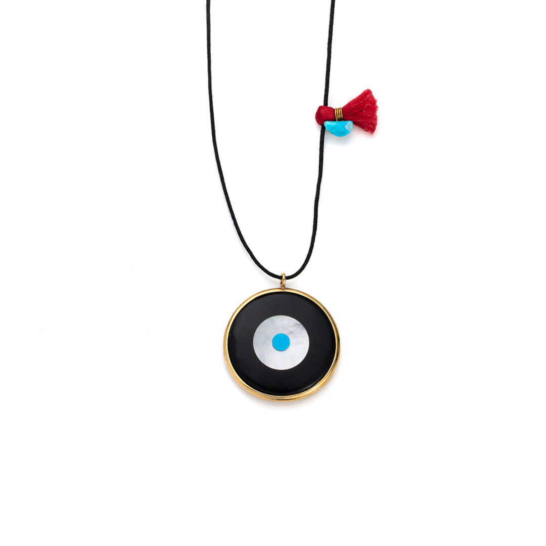 Textile String Necklace with a Colored Eye Stone - 925 Sterling Silver